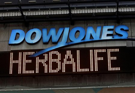 A news headline displaying "Herbalife" is seen under the DowJones electronic ticker at Times Square in New York January 9, 2013. REUTERS/Sha A news headline displaying "Herbalife" is seen under the DowJones electronic ticker at Times Square in New York January 9, 2013. REUTERS/Sha