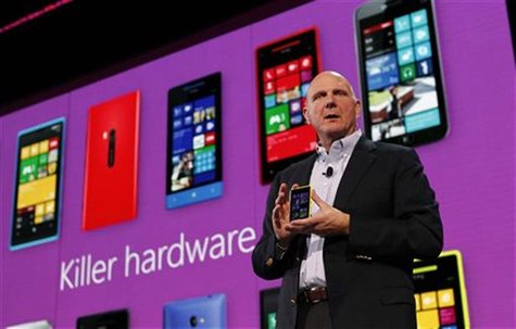 Microsoft Corp CEO Steve Ballmer displays a Nokia Lumia 920 featuring Windows Phone 8 during an event in San Francisco, California October 2 Microsoft Corp CEO Steve Ballmer displays a Nokia Lumia 920 featuring Windows Phone 8 during an event in San Francisco, California October 2
