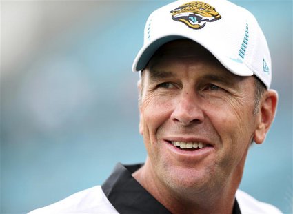 Jacksonville Jaguars head coach Mike Mularkey smiles while on the field during warm-ups their pre-season NFL football game against the New Y Jacksonville Jaguars head coach Mike Mularkey smiles while on the field during warm-ups their pre-season NFL football game against the New Y