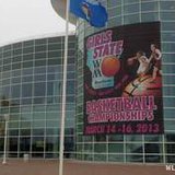 A banner for the 2013 WIAA state girls basketball tournament hangs on the exterior of the Resch Center in Ashwaubenon, Friday, Jan. 11, 2013. (courtesy of FOX 11).