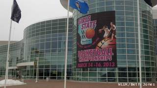 A banner for the 2013 WIAA state girls basketball tournament hangs on the exterior of the Resch Center in Ashwaubenon, Friday, Jan. 11, 2013. (courtesy of FOX 11).