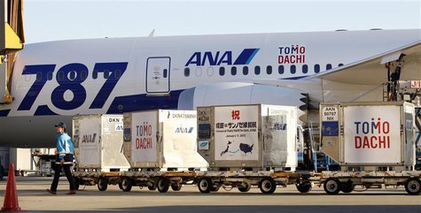 An airport employee works near All Nippon Airways' (ANA) Boeing 787 Dreamliner plane before it takes off for its Tokyo-San Jose flight at Ne An airport employee works near All Nippon Airways' (ANA) Boeing 787 Dreamliner plane before it takes off for its Tokyo-San Jose flight at Ne