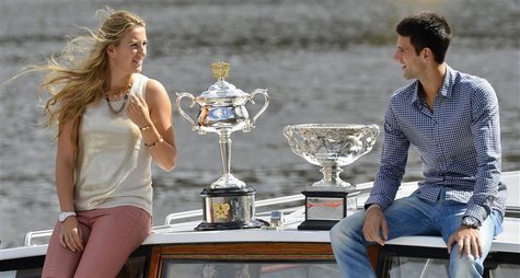 Victoria Azarenka of Belarus, the 2012 Australian Open women's singles champion, and Novak Djokovic of Serbia, the 2012 Australian Open men' Victoria Azarenka of Belarus, the 2012 Australian Open women's singles champion, and Novak Djokovic of Serbia, the 2012 Australian Open men'