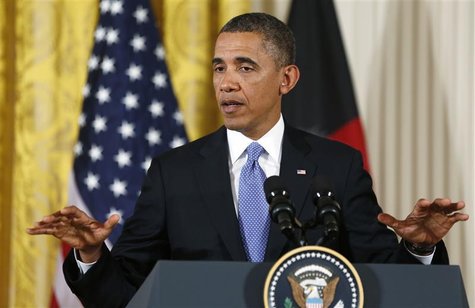President Barack Obama addresses a joint news conference with Afghan President Hamid Karzai in the East Room of the White House in Washingto President Barack Obama addresses a joint news conference with Afghan President Hamid Karzai in the East Room of the White House in Washingto