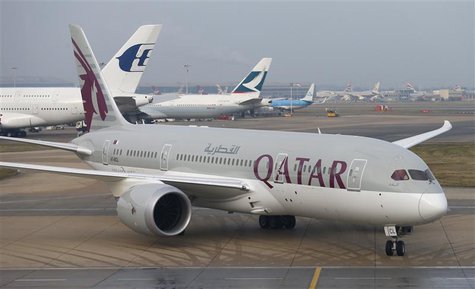Qatar Airways new Boeing 787 Dreamliner taxis after arriving on it's inaugural flight to Heathrow Airport, west London December 13, 2012. RE Qatar Airways new Boeing 787 Dreamliner taxis after arriving on it's inaugural flight to Heathrow Airport, west London December 13, 2012. RE