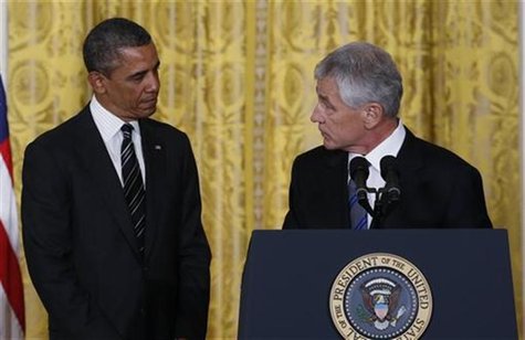 Former U.S. Senator Chuck Hagel (R) takes the podium after U.S. President Barack Obama (L) announced the nomination of Hagel to be his new S Former U.S. Senator Chuck Hagel (R) takes the podium after U.S. President Barack Obama (L) announced the nomination of Hagel to be his new S