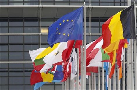 The European flag (top L) fly amongst EU member countries' national flags in front of the European Parliament, in Strasbourg October 12, 201 The European flag (top L) fly amongst EU member countries' national flags in front of the European Parliament, in Strasbourg October 12, 201