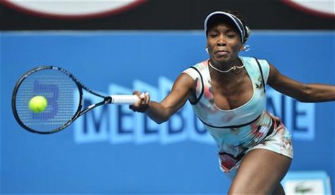 Venus Williams of the U.S. hits a return to Galina Voskoboeva of Kazakhstan during their women's singles match at the Australian Open tennis Venus Williams of the U.S. hits a return to Galina Voskoboeva of Kazakhstan during their women's singles match at the Australian Open tennis
