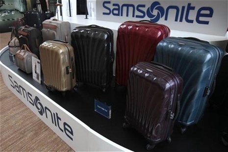 Samsonite luggages are displayed during an investors' luncheon presentation in Hong Kong May 30, 2011. REUTERS/Tyrone Siu Samsonite luggages are displayed during an investors' luncheon presentation in Hong Kong May 30, 2011. REUTERS/Tyrone Siu