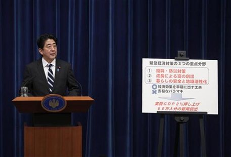 Japan's Prime Minister Shinzo Abe speaks next to a placard showing the government's emergency economic stimulus plan during a news conferenc Japan's Prime Minister Shinzo Abe speaks next to a placard showing the government's emergency economic stimulus plan during a news conferenc