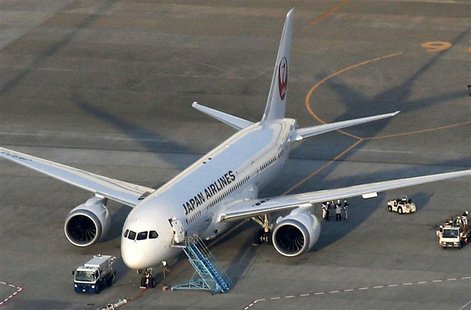 Japan Airlines' (JAL) Boeing 787 plane which leaked fuel during tests, is pictured at New Tokyo international airport in Narita, east of Tok Japan Airlines' (JAL) Boeing 787 plane which leaked fuel during tests, is pictured at New Tokyo international airport in Narita, east of Tok