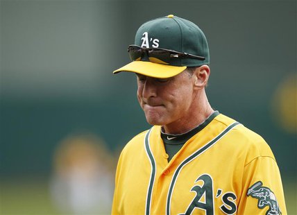 Oakland Athletics manager Bob Melvin returns to the dugout out after taking pitcher A.J. Griffin out of the game for tightness in his right Oakland Athletics manager Bob Melvin returns to the dugout out after taking pitcher A.J. Griffin out of the game for tightness in his right