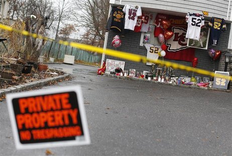 A makeshift memorial for Kansas City Chiefs football player Jovan Belcher is seen outside his mother's home in West Babylon, New York Decemb A makeshift memorial for Kansas City Chiefs football player Jovan Belcher is seen outside his mother's home in West Babylon, New York Decemb
