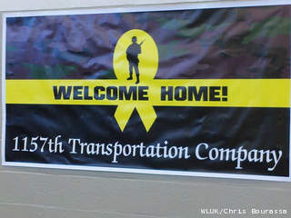 A sign welcoming home the soldiers of the 1157th Transportation Co. is seen, Jan. 14, 2013. (courtesy of FOX 11). A sign welcoming home the soldiers of the 1157th Transportation Co. is seen, Jan. 14, 2013. (courtesy of FOX 11).