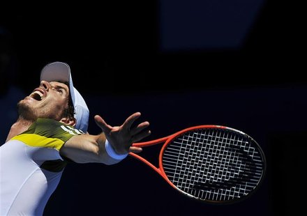 Andy Murray of Britain serves to Robin Haase of Netherlands during their men's singles match at the Australian Open tennis tournament in Mel Andy Murray of Britain serves to Robin Haase of Netherlands during their men's singles match at the Australian Open tennis tournament in Mel