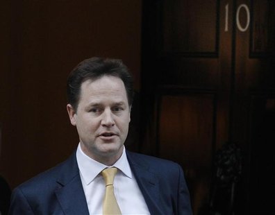 Britain's Deputy Prime Minister Nick Clegg leaves Downing Street in London November 29, 2012. REUTERS/Luke MacGregor Britain's Deputy Prime Minister Nick Clegg leaves Downing Street in London November 29, 2012. REUTERS/Luke MacGregor