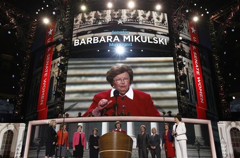 U.S. Senator Barbara Mikulski (D-MD) stands at the podium flanked by eight other Democratic female members of the U.S. Senate during the sec U.S. Senator Barbara Mikulski (D-MD) stands at the podium flanked by eight other Democratic female members of the U.S. Senate during the sec