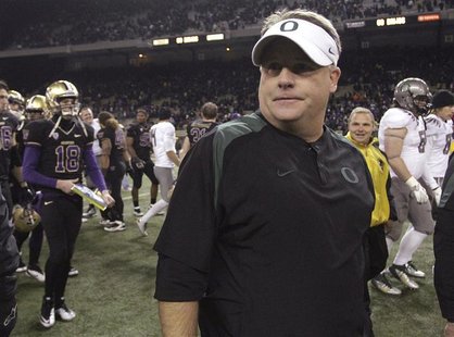 Oregon Ducks head coach Chip Kelly is seen after his team defeated the Washington Huskies 34-17 in their NCAA football game in Seattle, Wash Oregon Ducks head coach Chip Kelly is seen after his team defeated the Washington Huskies 34-17 in their NCAA football game in Seattle, Wash