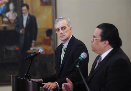 U.S. Deputy National Security Advisor Denis Mcdonough (L) listens to Honduras' Foreign Minister Arturo Corrales during a joint news conferen U.S. Deputy National Security Advisor Denis Mcdonough (L) listens to Honduras' Foreign Minister Arturo Corrales during a joint news conferen