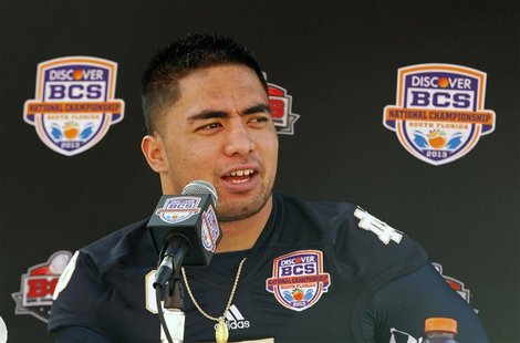 Notre Dame Fighting Irish linebacker Manti Te'o speaks during media day for the 2013 BCS National Championship NCAA football game in Miami, Notre Dame Fighting Irish linebacker Manti Te'o speaks during media day for the 2013 BCS National Championship NCAA football game in Miami,