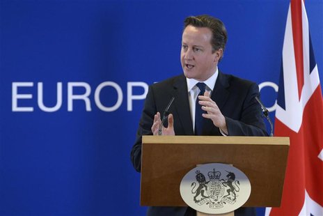 Britain's Prime Minister David Cameron holds a news conference during a European Union leaders summit, in Brussels December 14, 2012. REUTER Britain's Prime Minister David Cameron holds a news conference during a European Union leaders summit, in Brussels December 14, 2012. REUTER