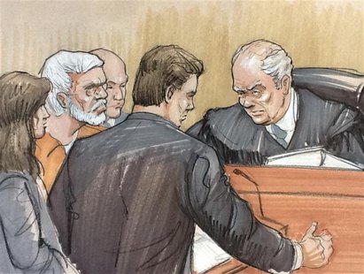A courtroom artist's sketch shows (L to R) Tahawwur Rana in a white beard, looking on with his lawyer Patrick Blegen, prosecutor Daniel Coll A courtroom artist's sketch shows (L to R) Tahawwur Rana in a white beard, looking on with his lawyer Patrick Blegen, prosecutor Daniel Coll