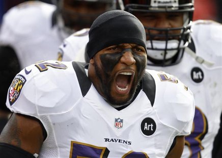 Baltimore Ravens inside linebacker Ray Lewis yells during a break in play against the Denver Broncos during the first quarter in their NFL A Baltimore Ravens inside linebacker Ray Lewis yells during a break in play against the Denver Broncos during the first quarter in their NFL A