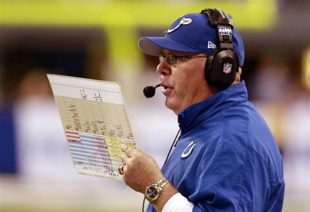 Indianapolis Colts interim head coach Bruce Arians reads from his play sheet as he talks into his headset against the Miami Dolphins during Indianapolis Colts interim head coach Bruce Arians reads from his play sheet as he talks into his headset against the Miami Dolphins during