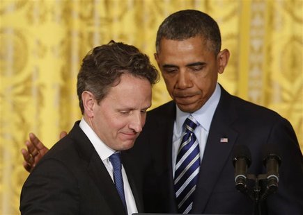 U.S. President Barack Obama (R) stands next to outgoing U.S. Secretary of Treasury Timothy Geithner in the East Room of the White House in W U.S. President Barack Obama (R) stands next to outgoing U.S. Secretary of Treasury Timothy Geithner in the East Room of the White House in W