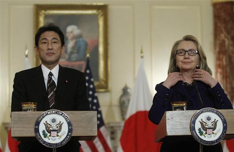 U.S. Secretary of State Hillary Clinton (R) meets Japan's Foreign Minister Fumio Kishida at the State Department in Washington January 18, 2 U.S. Secretary of State Hillary Clinton (R) meets Japan's Foreign Minister Fumio Kishida at the State Department in Washington January 18, 2