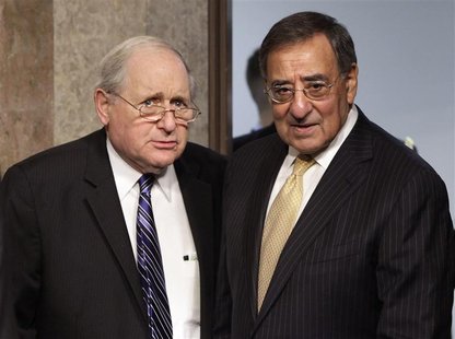 U.S. Secretary of Defense Leon Panetta (R) and Senate Armed Services Committee Chairman Carl Levin (D-MI) arrive at the Senate Armed Service U.S. Secretary of Defense Leon Panetta (R) and Senate Armed Services Committee Chairman Carl Levin (D-MI) arrive at the Senate Armed Service