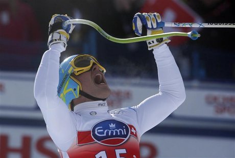 Skier Christof Innerhofer of Italy reacts in the finish area after his men's Alpine Skiing World Cup downhill run at Lauberhorn in Wengen Ja Skier Christof Innerhofer of Italy reacts in the finish area after his men's Alpine Skiing World Cup downhill run at Lauberhorn in Wengen Ja