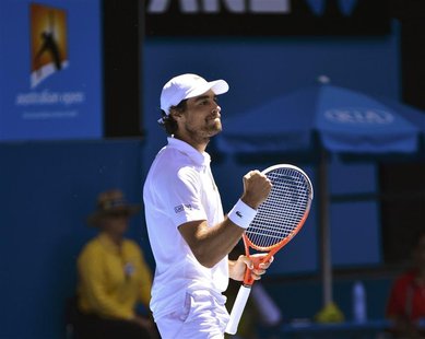 Jeremy Chardy of France reacts during his men's singles match against Juan Martin del Potro of Argentina at the Australian Open tennis tourn Jeremy Chardy of France reacts during his men's singles match against Juan Martin del Potro of Argentina at the Australian Open tennis tourn