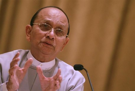 Myanmar's President Thein Sein talks during his first news conference since his re-appointment as head of the ruling party Union Solidarity Myanmar's President Thein Sein talks during his first news conference since his re-appointment as head of the ruling party Union Solidarity