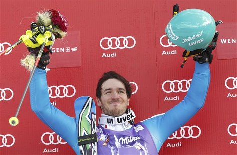Winner Felix Neureuther of Germany reacts on podium after the second run of the men's Alpine Skiing World Cup slalom race in Wengen January Winner Felix Neureuther of Germany reacts on podium after the second run of the men's Alpine Skiing World Cup slalom race in Wengen January