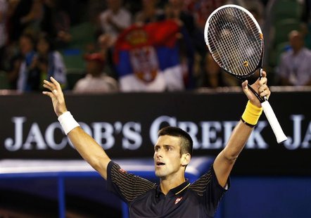 Novak Djokovic of Serbia celebrates defeating Stanislas Wawrinka of Switzerland during their men's singles match at the Australian Open tenn Novak Djokovic of Serbia celebrates defeating Stanislas Wawrinka of Switzerland during their men's singles match at the Australian Open tenn
