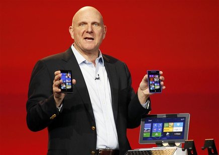 Microsoft CEO Steve Ballmer displays Windows Phone 8 devices at the Qualcomm pre-show keynote at the Consumer Electronics Show (CES) in Las Microsoft CEO Steve Ballmer displays Windows Phone 8 devices at the Qualcomm pre-show keynote at the Consumer Electronics Show (CES) in Las