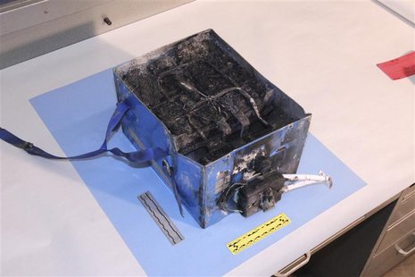 The burnt auxiliary power unit battery removed from a Japan Airlines Boeing 787 Dreamliner jet is seen in this handout photo provided by the The burnt auxiliary power unit battery removed from a Japan Airlines Boeing 787 Dreamliner jet is seen in this handout photo provided by the