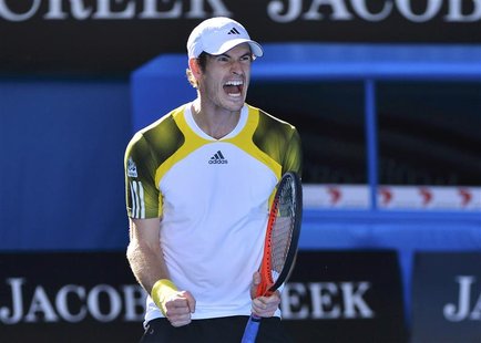 Andy Murray of Britain celebrates defeating Jeremy Chardy of France during their men's singles quarter-final match at the Australian Open te Andy Murray of Britain celebrates defeating Jeremy Chardy of France during their men's singles quarter-final match at the Australian Open te