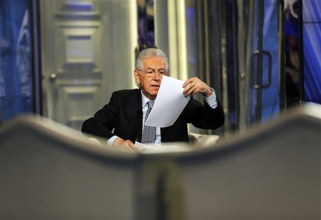 Italy's Prime Minister Mario Monti speaks during an interview as a guest on the RAI television Porta a Porta (Door to Door) in Rome January Italy's Prime Minister Mario Monti speaks during an interview as a guest on the RAI television Porta a Porta (Door to Door) in Rome January