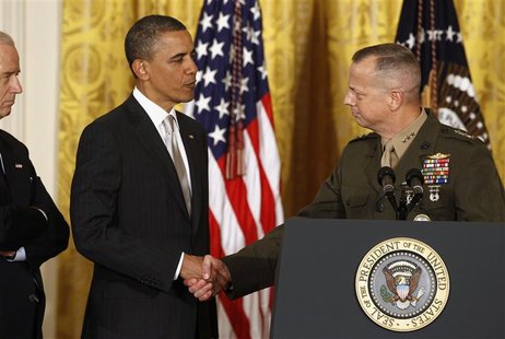 U.S. Marine Lt. Gen. John Allen shakes hands with U.S. President Barack Obama at an event in the East Room of the White House in this April U.S. Marine Lt. Gen. John Allen shakes hands with U.S. President Barack Obama at an event in the East Room of the White House in this April