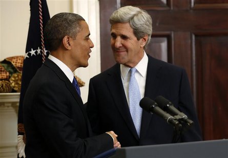 U.S. President Barack Obama (L) and Senator John Kerry (D-MA) shake hands after the president announced Kerry's nomination as Secretary of S U.S. President Barack Obama (L) and Senator John Kerry (D-MA) shake hands after the president announced Kerry's nomination as Secretary of S