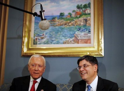 Jack Lew (R), U.S. President Barack Obama's nominee for Treasury Secretary, meets with U.S. Senator Orrin Hatch (R-UT) on Capitol Hill in Wa Jack Lew (R), U.S. President Barack Obama's nominee for Treasury Secretary, meets with U.S. Senator Orrin Hatch (R-UT) on Capitol Hill in Wa