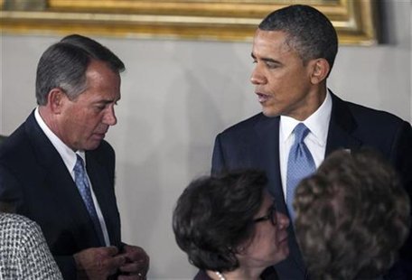 U.S. President Barack Obama talks with Speaker of the House John Boehner (R-OH) at the conclusion of the Inaugural luncheon in Statuary Hall U.S. President Barack Obama talks with Speaker of the House John Boehner (R-OH) at the conclusion of the Inaugural luncheon in Statuary Hall
