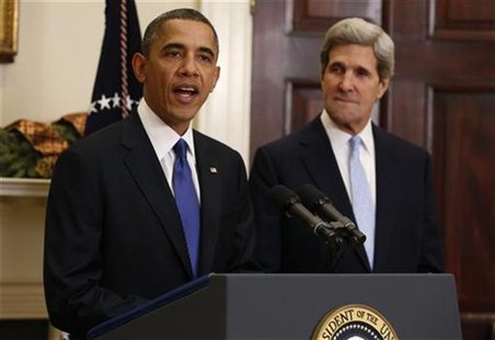 U.S. President Barack Obama (L) announces the nomination of Senator John Kerry as Secretary of State to succeed Hillary Clinton. at the Whit U.S. President Barack Obama (L) announces the nomination of Senator John Kerry as Secretary of State to succeed Hillary Clinton. at the Whit