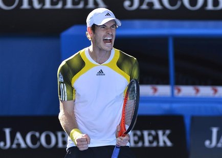 Andy Murray of Britain celebrates defeating Jeremy Chardy of France during their men's singles quarter-final match at the Australian Open te Andy Murray of Britain celebrates defeating Jeremy Chardy of France during their men's singles quarter-final match at the Australian Open te