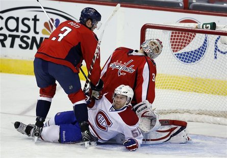 Washington Capitals goalie Michal Neuvirth reacts after David Desharnais (51) of the Montreal Canadiens crashed the crease during their NHL Washington Capitals goalie Michal Neuvirth reacts after David Desharnais (51) of the Montreal Canadiens crashed the crease during their NHL
