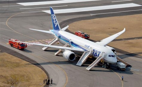 An All Nippon Airways (ANA) Boeing 787 Dreamliner is seen after making an emergency landing at Takamatsu airport in western Japan, in this p An All Nippon Airways (ANA) Boeing 787 Dreamliner is seen after making an emergency landing at Takamatsu airport in western Japan, in this p
