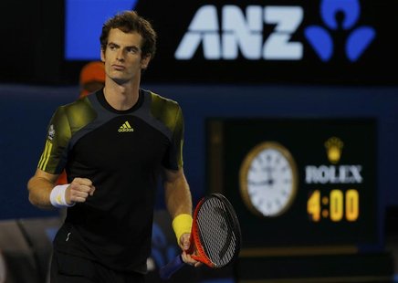 Andy Murray of Britain celebrates defeating Roger Federer of Switzerland in their men's singles semi-final match at the Australian Open tenn Andy Murray of Britain celebrates defeating Roger Federer of Switzerland in their men's singles semi-final match at the Australian Open tenn