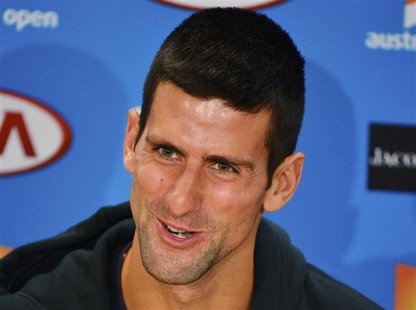 Novak Djokovic of Serbia speaks during a news conference at the Australian Open tennis tournament in Melbourne January 26, 2013. REUTERS/Tob Novak Djokovic of Serbia speaks during a news conference at the Australian Open tennis tournament in Melbourne January 26, 2013. REUTERS/Tob